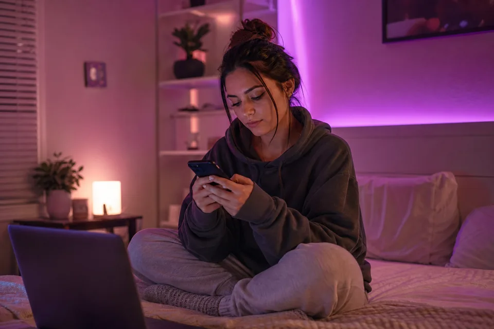 Creator in her early twenties checking a busy message inbox on her phone at night, laptop open beside her