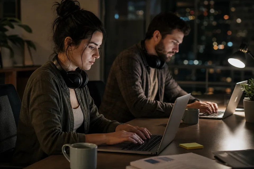 Two adult chatters working a late shift at laptops in a dim home office