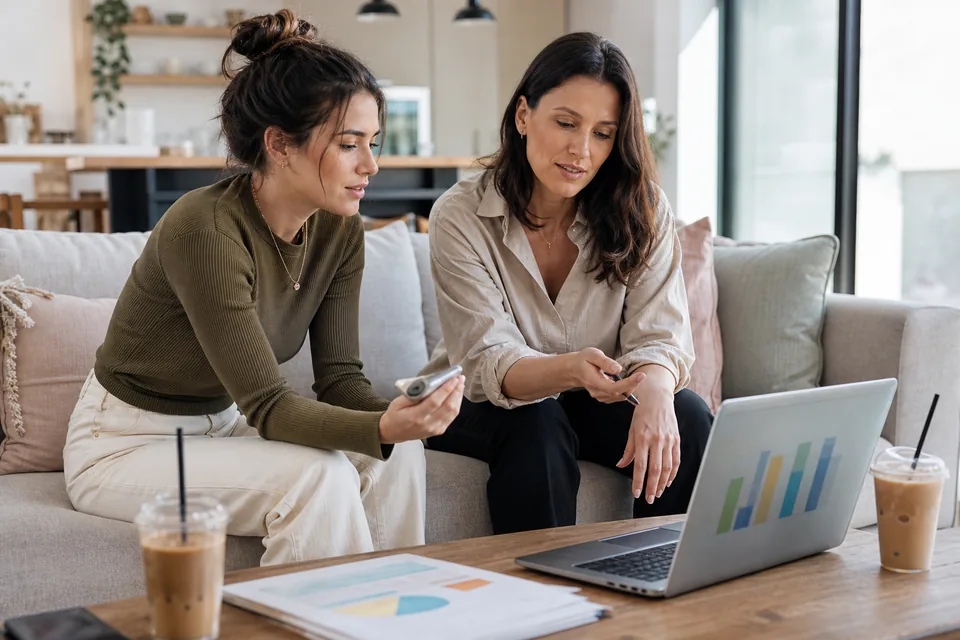 Creator in her early twenties reviewing a weekly earnings report with her manager on a laptop