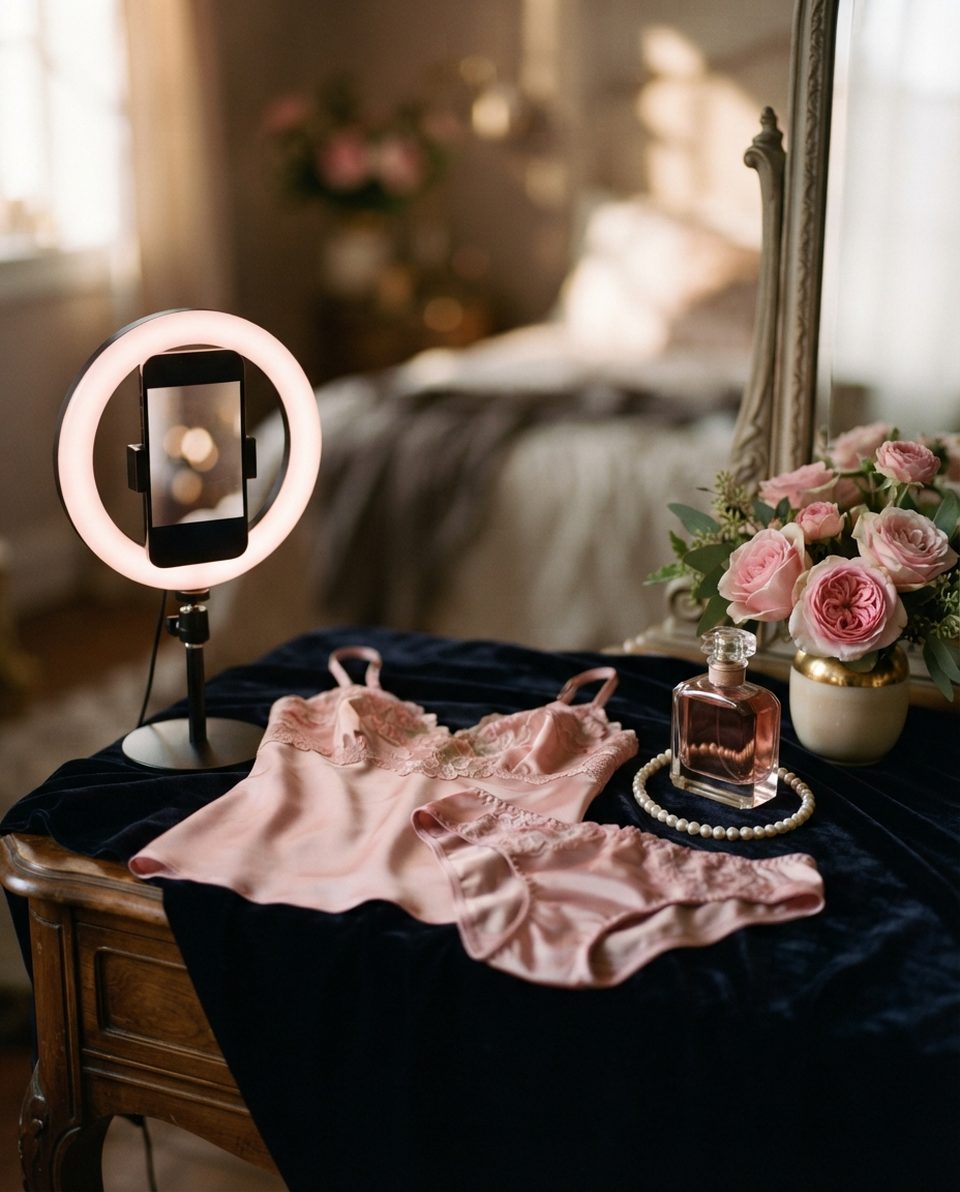 Phone on a ring light next to pink satin lingerie, pearls, perfume and roses on dark velvet