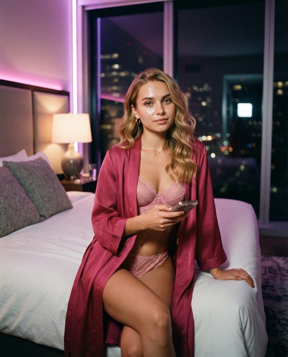Woman in pink lace lingerie and a satin robe sitting with her phone on a hotel bed at night