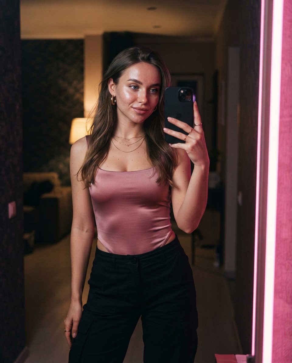 Woman in a pink satin top and black cargo pants taking a mirror selfie by a pink neon light