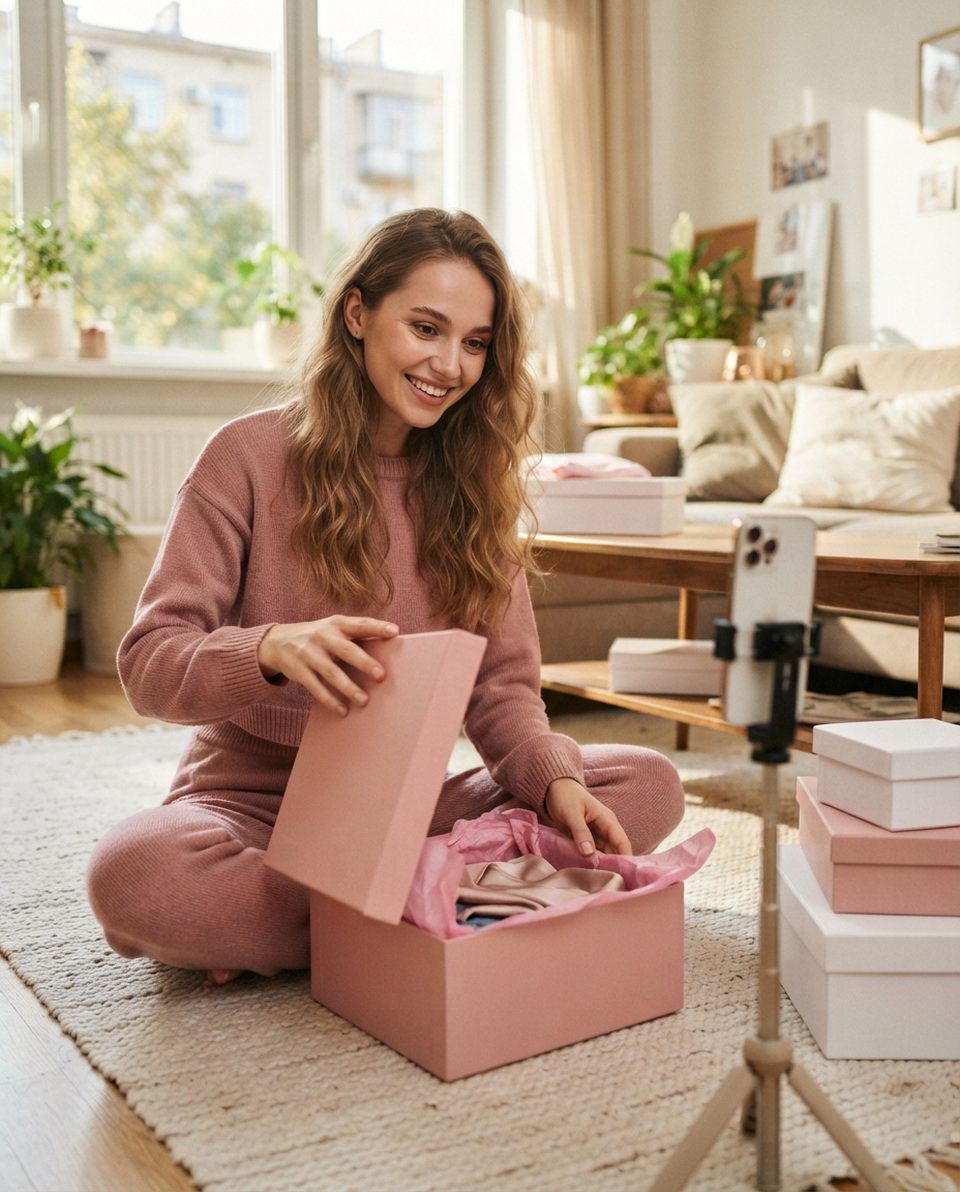 Woman in a pink knit set opening a pink gift box and filming it on her phone