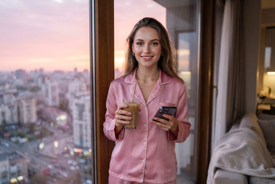 Woman in pink satin pajamas with iced coffee and her phone by an apartment window at sunrise