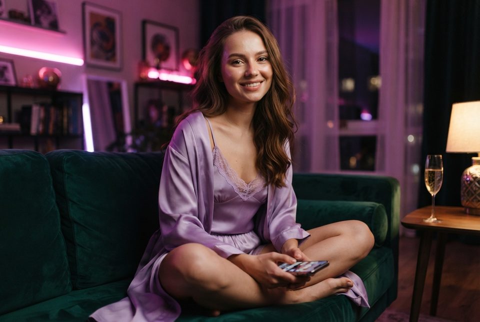 Smiling woman in a lilac satin set and robe on a green velvet sofa with her phone in violet light