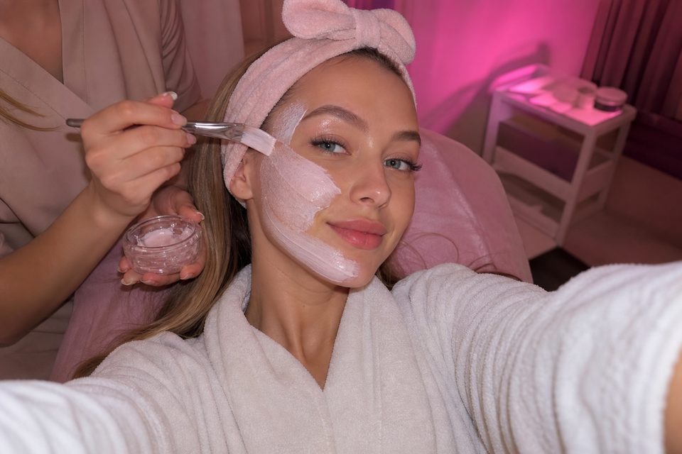 Woman in a white robe taking a selfie during a face mask treatment at a spa
