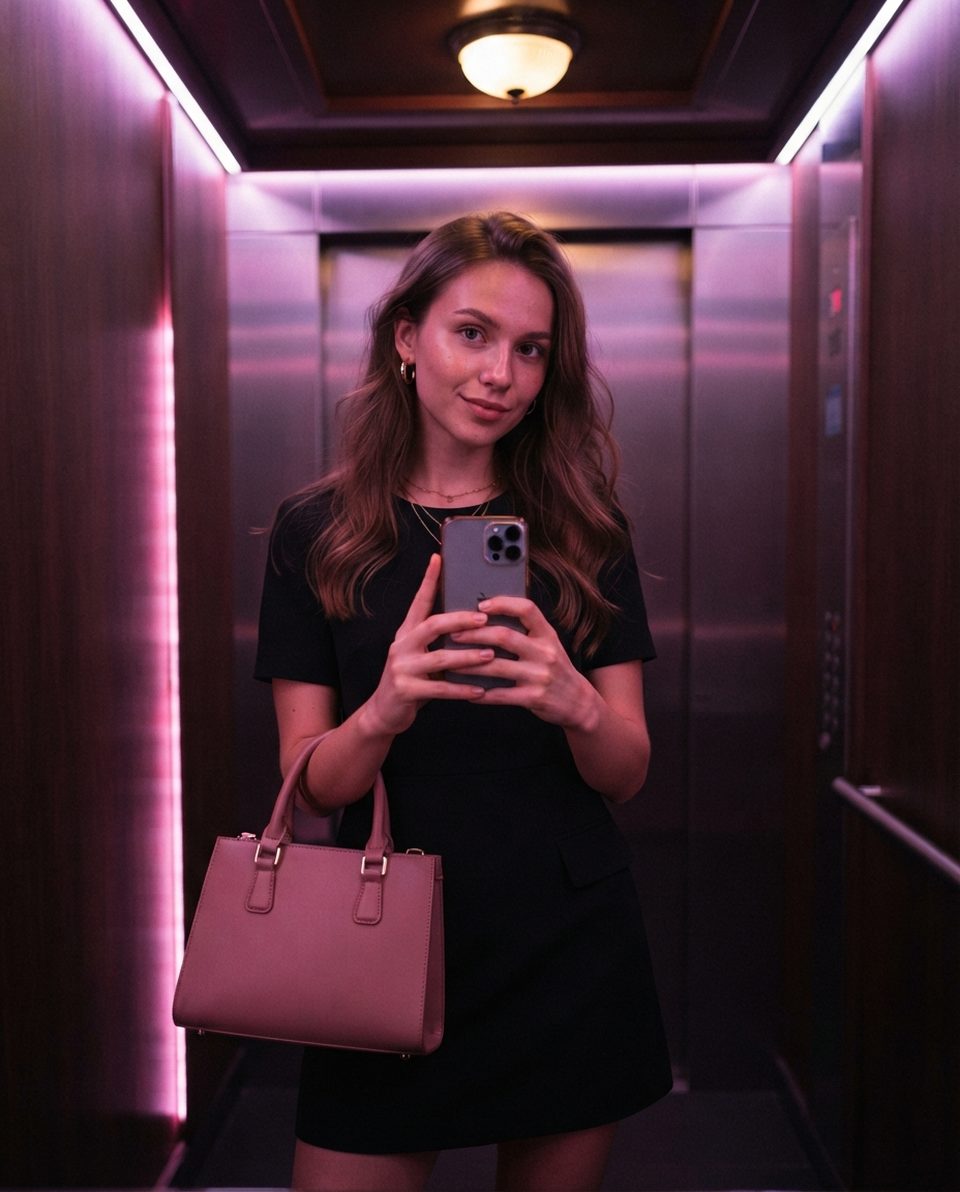 Woman in a black dress with a pink handbag taking a mirror selfie in an elevator with pink light