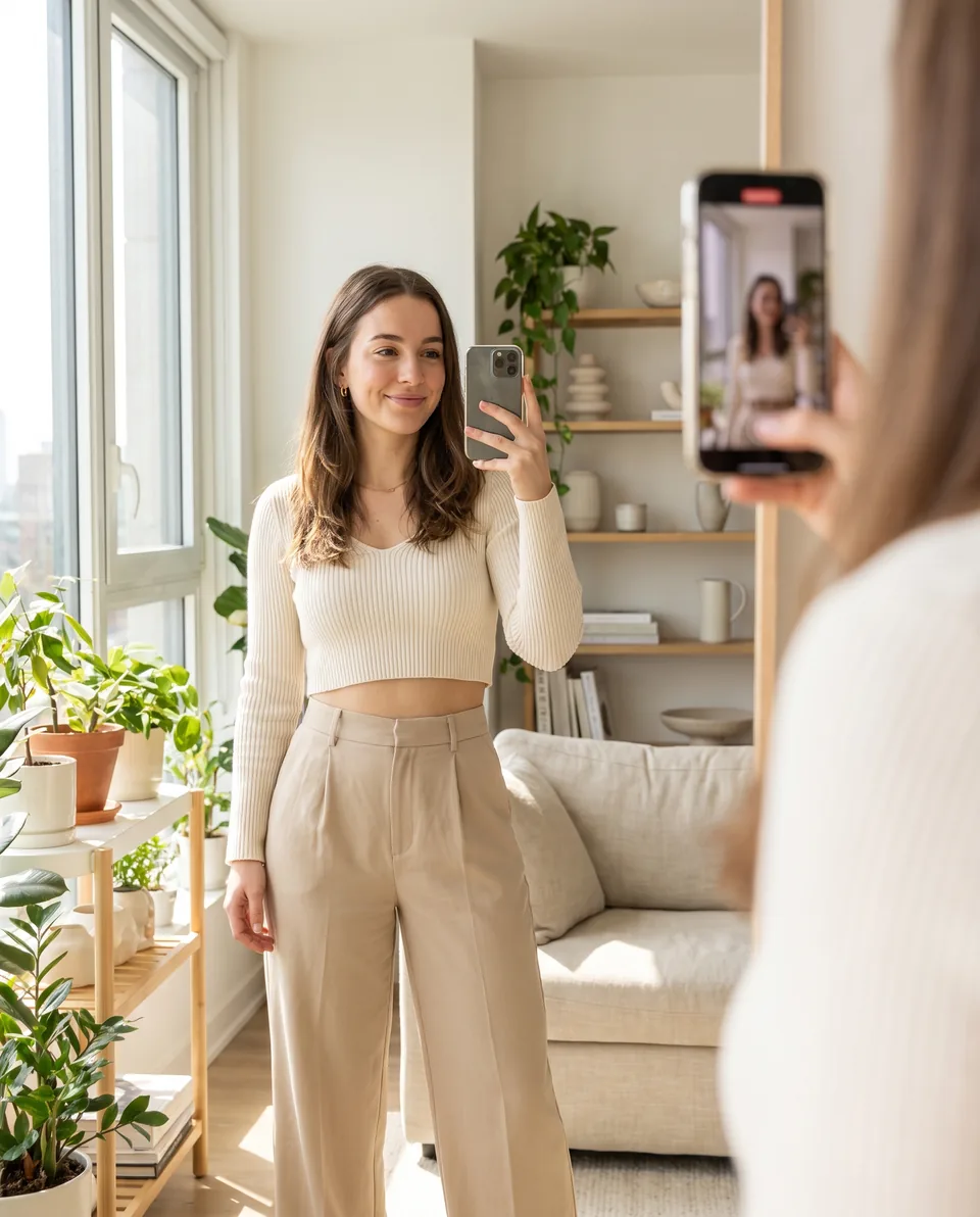 Creator filming a vertical video for Instagram Reels on her phone in a bright apartment