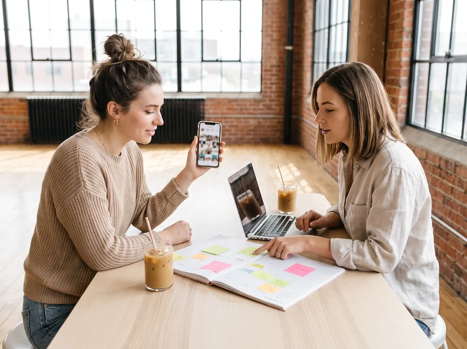 A creator and her social media manager planning a week of posts from a content calendar